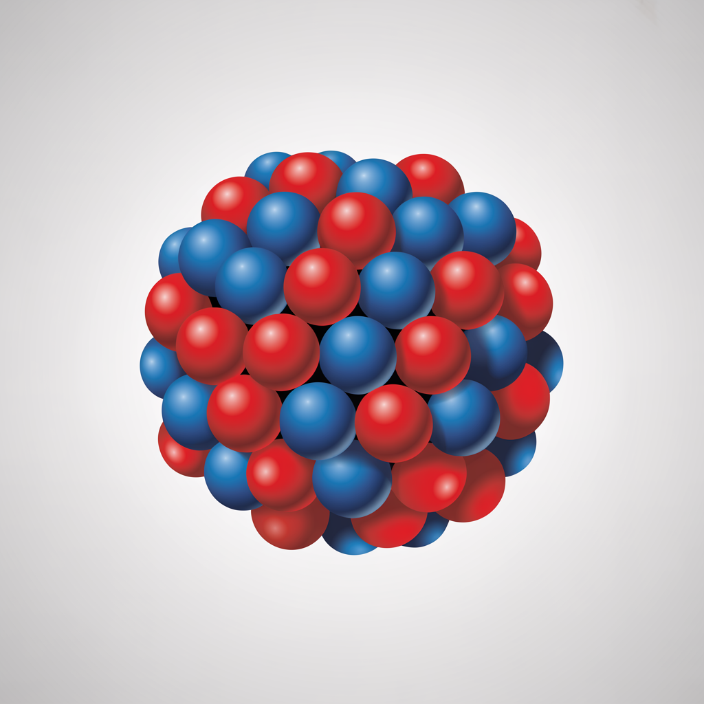 Das Bild zeigt eine schematische Darstellung eines beliebigen Nuklids, d. h. eines Atomkerns mit seinen Nukleonen. Die Nukleonen sind Protonen im Bild rot gezeichnet) und Neutronen (im Bild blau dargestellt).