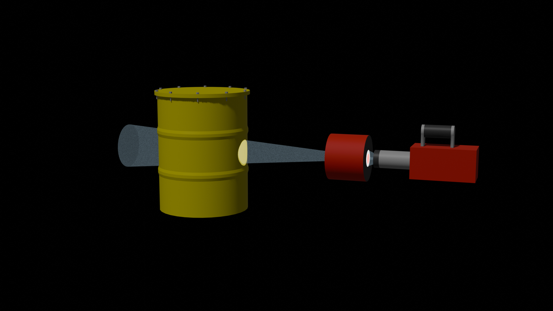 Schematische Darstellung des Messverfahrens in kollimierter Geometrie. Der Detektor (rechts) sieht einen Teilbereich des gesamten Objekts. Der Detektorkegel (grau), der den Sichtbereich festlegt, wird durch einen geeigneten Kollimator (links vor Detektor) bestimmt. Durch abrastern (scannen) mit einer geeigneten mechanischen Vorrichtung wird die gesamte Oberfläche des Objekts erfasst.