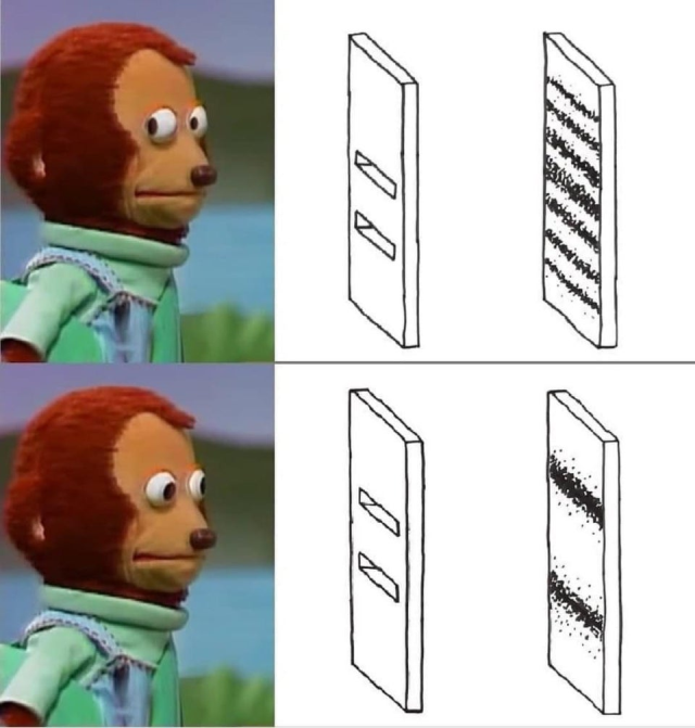 Meme zum berühmten Doppelspaltexperiment in der Quantenphysik.