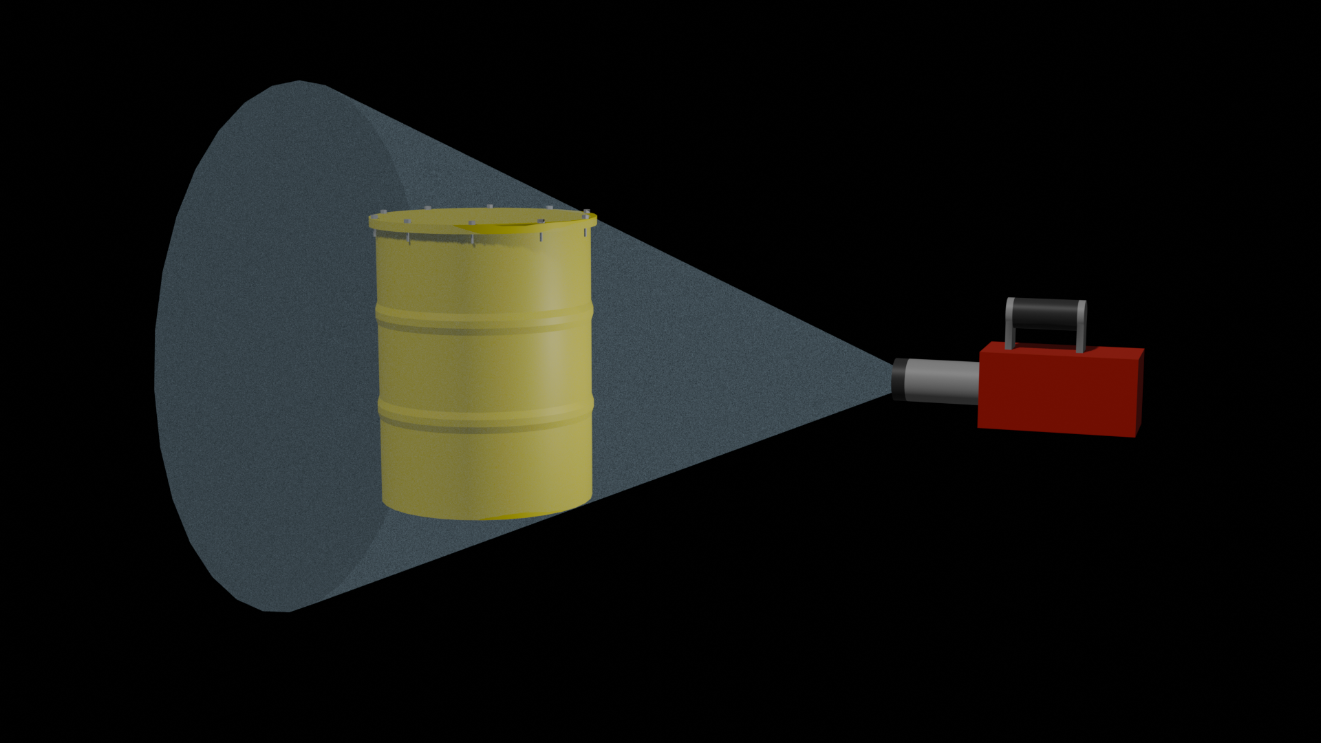 Schematische Darstellung des Messverfahrens in kollimierter Geometrie. Der Detektor (rechts) sieht einen Teilbereich des gesamten Objekts. Der Detektorkegel (grau), der den Sichtbereich festlegt, wird durch einen geeigneten Kollimator (links vor Detetkor) bestimmt. Durch Abrastern (Scannen) mit einer geeigneten mechanischen Vorrichtung wird die gesamte Oberfläche des Objekts erfasst.